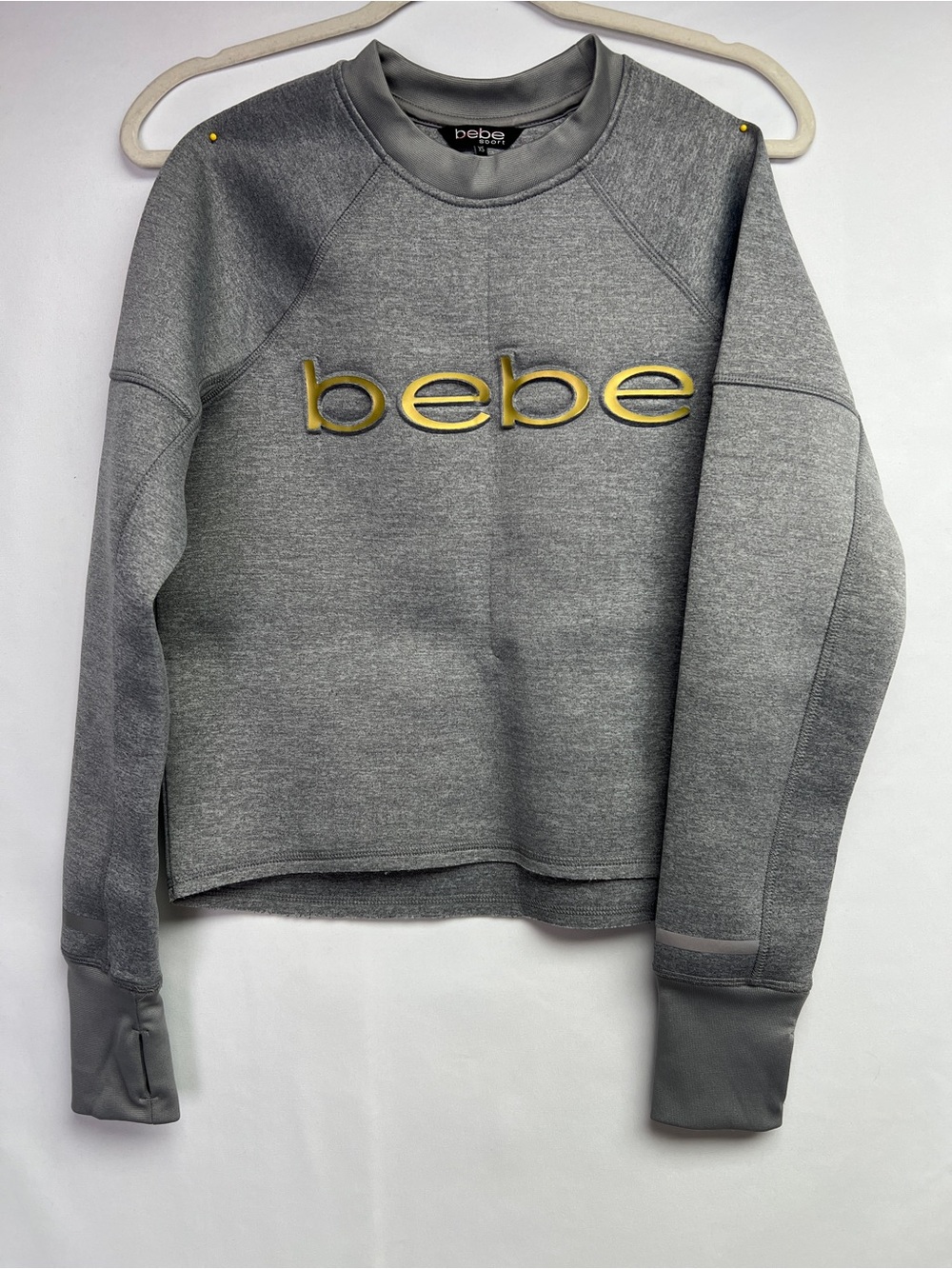 Bebe Sport Raised Logo Scuba Knit Sweatshirt Grey Gold XS Thumbholes